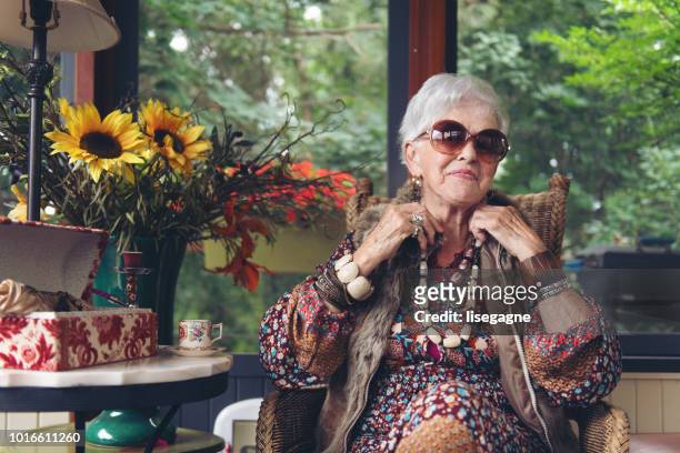 beautiful senior boho stylish woman - vintage fashion stock pictures, royalty-free photos & images