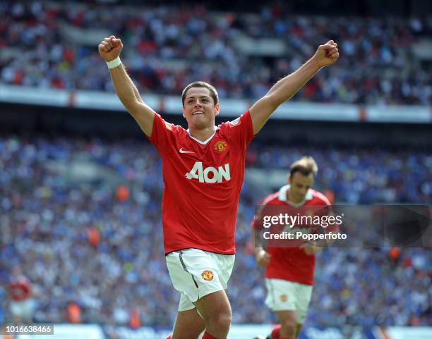 Javier Hernandez of Manchester United celebrates after scoring the second goal during the FA Community Shield match between Chelsea and Manchester...