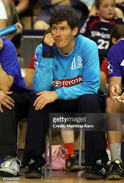 Henning Fritz looks on during a friendly match between Germany and the Handball Bundesliga Allstars at Max-Schmeling Hall on June 6, 2010 in Berlin,...