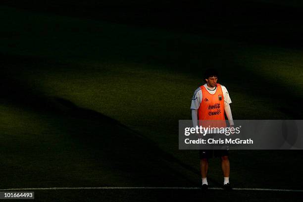 Diego Milito of Argentina's national football team watches on during a team training session on June 6, 2010 in Pretoria, South Africa.