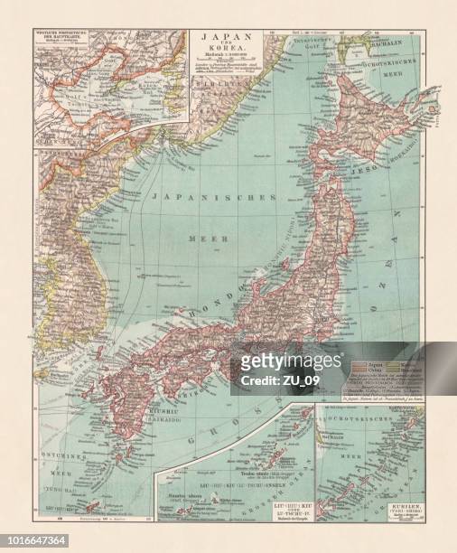topographic map of japan and corea, lithograph, published 1897 - korea map stock illustrations