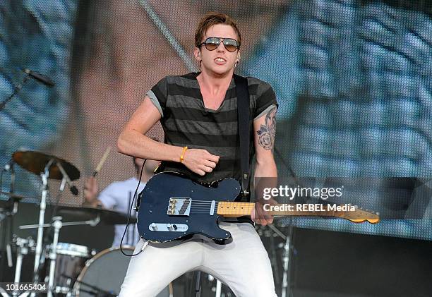 Guitarists Danny Jones of the British pop rock band McFly performs on stage at the Rock in Rio Madrid music festival on June 6, 2010 in Arganda del...