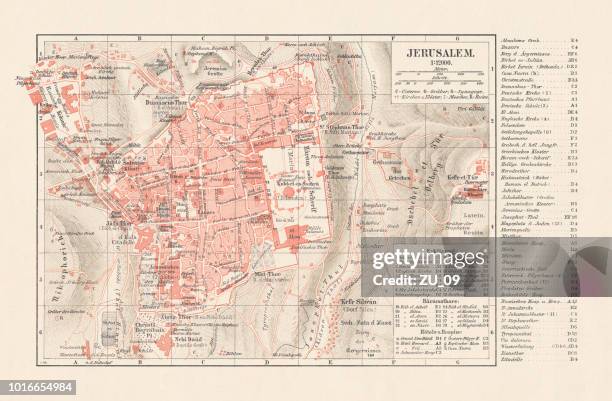 topographic map of jerusalem, lithograph, published in 1897 - temple mount stock illustrations