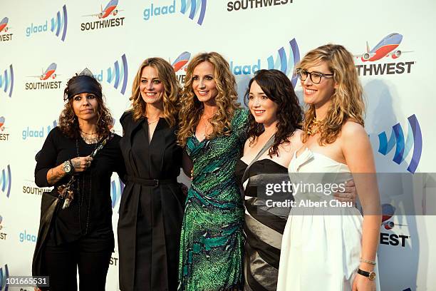 Linda Perry, Clementine Ford, Chely Wright, Carmen Chambers and Ariel Shepherd-Oppenheim arrive at the 21st Annual GLAAD Media Awards held at Marriot...