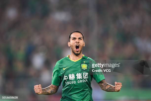 Jonathan Viera of Beijing Guoan celebrates after scoring a goal during the 2018 Chinese Super League match between Beijing Guoan and Jiangsu Suning...