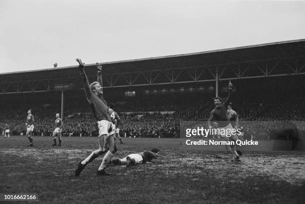 Scottish soccer player Denis Law scores for Manchester United FC against Nottingham Forest FC, UK, 16th January 1965.