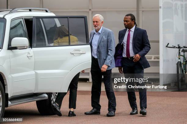 British Labour Party leader Jeremy Corbyn leaves the bet365 stadium by the back door after addressing Labour party members during an event to...