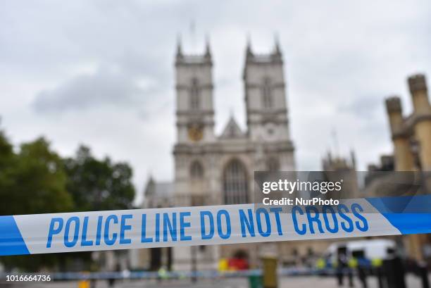 Police officers secure the roads around the Houses of Parliament as forensic teams continue their work around a vehicle after it crashed into...