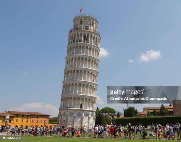 The Leaning Tower of Pisa on August 08, 2018 in Pisa, Italy.