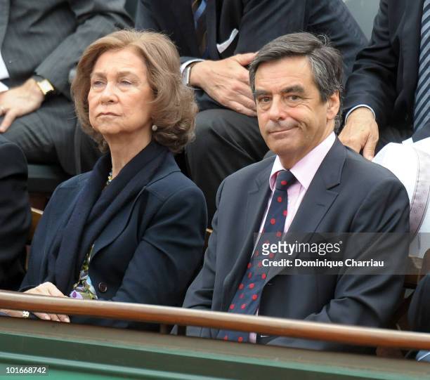 Queen Sofia of Spain and the Prime Minister Francois Fillon of France attend the French Open on June 6, 2010 in Paris, France.