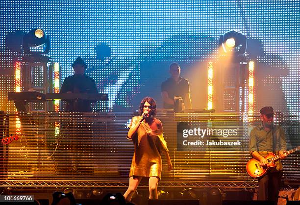 Guest singer Gunjan , DJs Rob Garza and Eric Hilton of the American band Thievery Corporation perform live at the Huxleys Neue Welt on June 6, 2010...