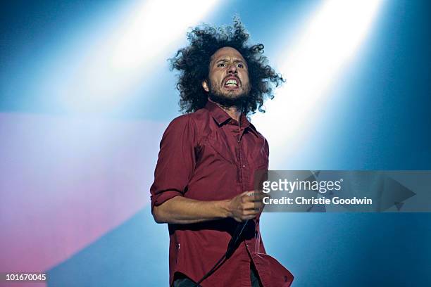 Zack de La Rocha of Rage Against The Machine performs on stage as part of a free concert at Finsbury Park on June 6, 2010 in London, England.