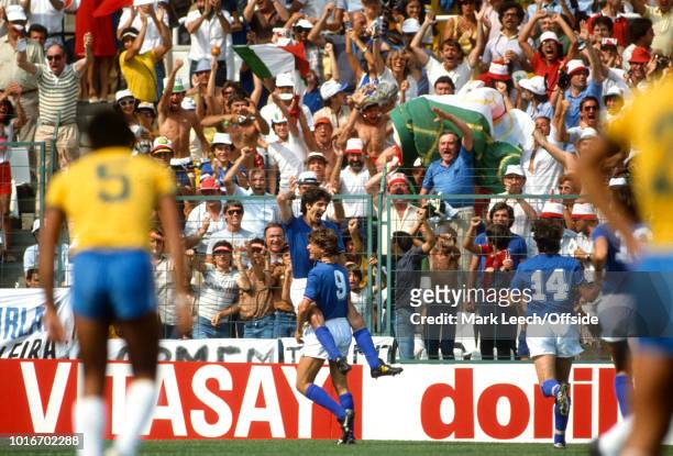 July 1982 - FIFA World Cup - Italy v Brazil - Paolo Rossi celebrates with Giancarlo Antognoni after scoring for Italy -