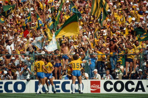 July 1982 - FIFA World Cup - Italy v Brazil - Brazilian supporters celebrate a goal by Socrates -