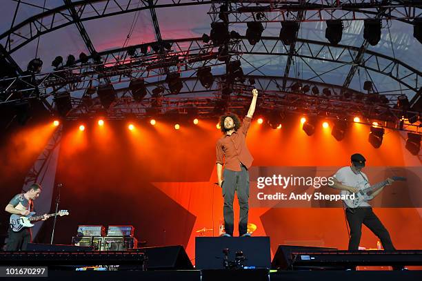 Tim Commerford, Zack De La Rocha and Tom Morello of American rap-rockers Rage Against The Machine perform a free concert at Finsbury Park on June 6,...