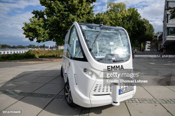 An electric autonomous bus drives on August 14, 2018 in Mainz, Germany. Called EMMA, the bus is made by Navya and will transport passengers for free...