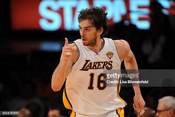 Pau Gasol of the Los Angeles Lakers reacts in the first half against the Boston Celtics in Game Two of the 2010 NBA Finals at Staples Center on June...