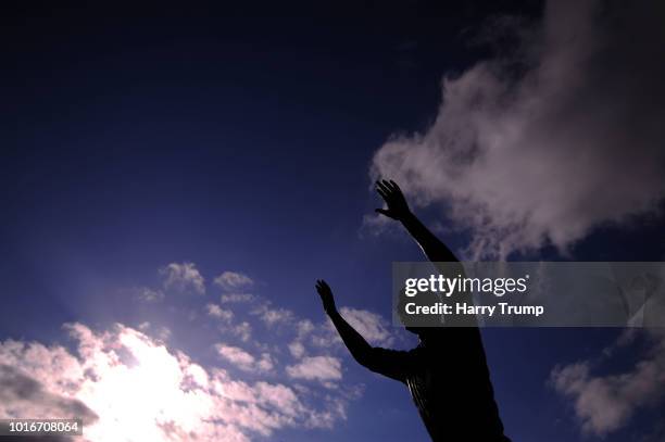 Detailed view of the John Atyeo Statue outside of the ground during the Carabao Cup First Round match between Bristol City and Plymouth Argyle at...