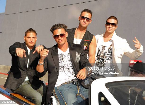 Ronnie 'Fist Pump Brah' Magro, Pauly Del Vecchio, Mike 'The Situation' Sorrentino, and Vinny Guadagnino arrives at the 2010 MTV Movie Awards held at...