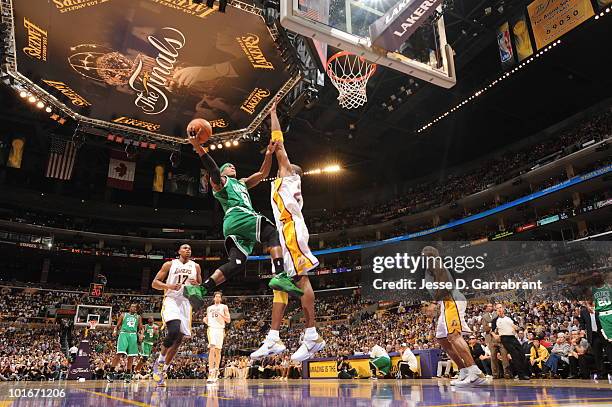 Rajon Rondo of the Boston Celtics shoots against Kobe Bryant of the Los Angeles Lakers in Game Two of the 2010 NBA Finals on June 6, 2010 at Staples...