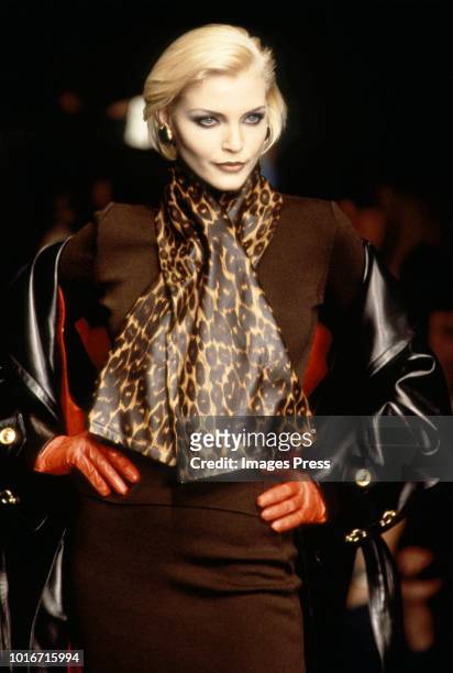 Nadja Auermann models during Paris Fashion Week circa 1995 in Paris.