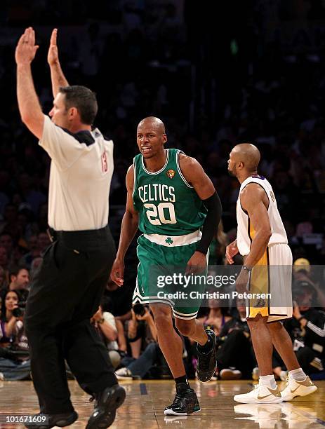 Ray Allen of the Boston Celtics celebrates after making a 3-point shot over Derek Fisher of the Los Angeles Lakers in Game Two of the 2010 NBA Finals...