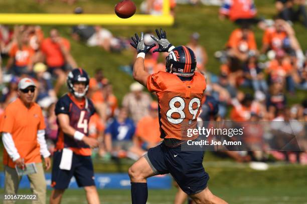 Tight end Brian Parker makes a catch during Denver Broncos training camp at the UCHealth Training Center August 14, 2018 in Englewood, Colorado.