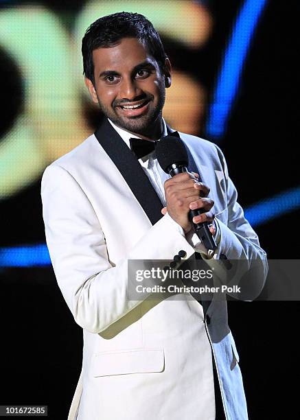 Host Aziz Ansari speaks onstage at the 2010 MTV Movie Awards held at the Gibson Amphitheatre at Universal Studios on June 6, 2010 in Universal City,...