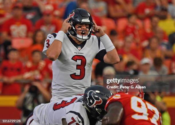 Quarterback Brandon Weeden of the Houston Texans calls out an audible during the first half against the Kansas City Chiefs at Arrowhead Stadium on...