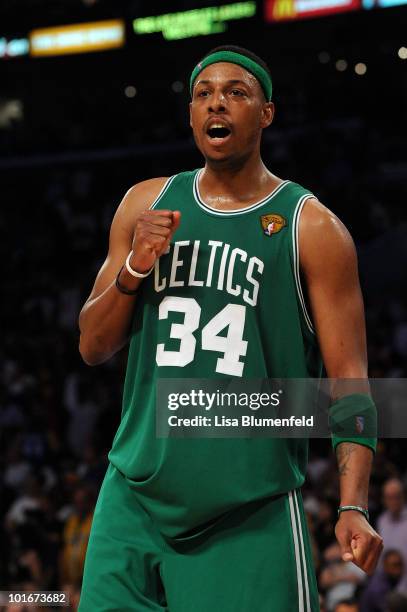 Paul Pierce of the Boston Celtics reacts as the Celtics won 103-94 against the Los Angeles Lakers in Game Two of the 2010 NBA Finals at Staples...