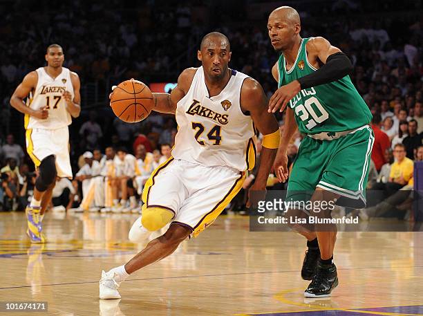 Kobe Bryant of the Los Angeles Lakers drives against Ray Allen of the Boston Celtics in Game Two of the 2010 NBA Finals at Staples Center on June 6,...