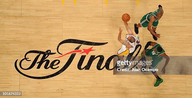Jordan Farmar of the Los Angeles Lakers shoots against the Boston Celtics in Game Two of the 2010 NBA Finals on June 6, 2010 at Staples Center in Los...