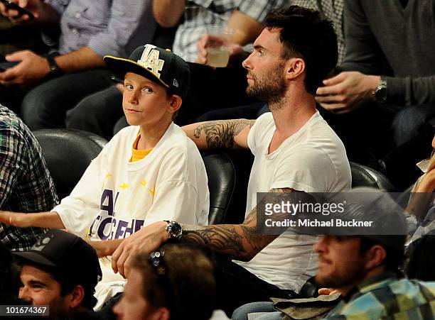 Singer Adam Levine attends Game 2 of the NBA Finals between the Los Angeles Lakers and Boston Celtics at the Staples Center on June 6, 2010 in Los...