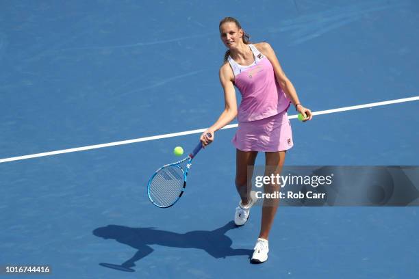 Karolina Pliskova of the Czech Republic hits a ball into the crowd after defeating Agnleszka Radwanska of Poland during Day 4 of the Western and...