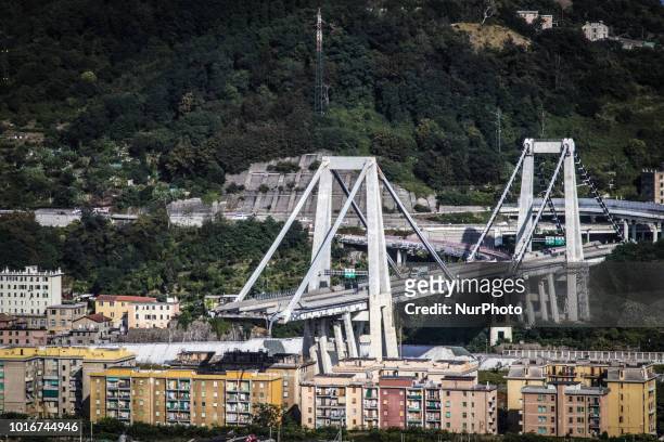 General view of the Morandi bridge which collapsed on August 14, 2018 in Genoa, Italy. At at least 22 people have died when a large section of...