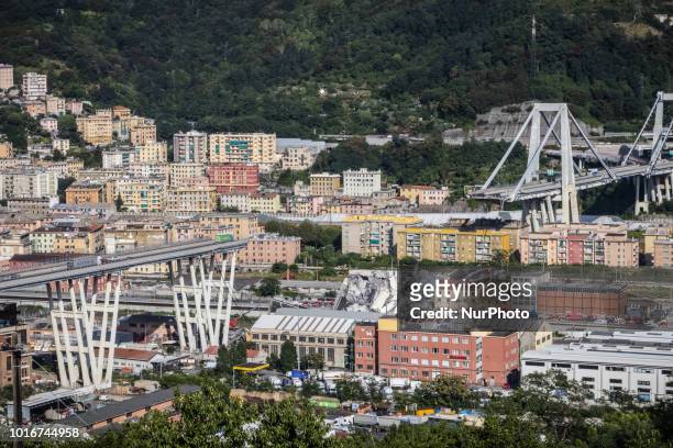 General view of the Morandi bridge which collapsed on August 14, 2018 in Genoa, Italy. At at least 22 people have died when a large section of...
