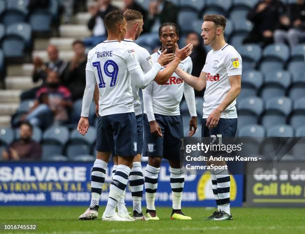 Preston North End's Brandon Barker celebrates scoring his side's first goal with his team mates during the Carabao Cup First Round match between...