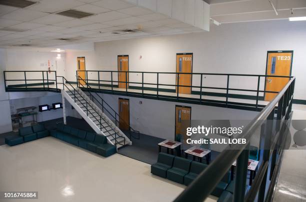 Cell room doors are seen at the Caroline Detention Facility in Bowling Green, Virginia, on August 13, 2018. - A former regional jail, the facility...