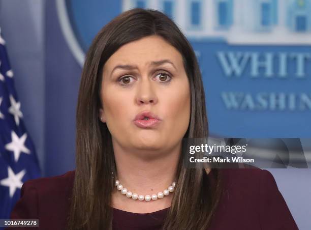 White House Press Secretary Sarah Huckabee Sanders speaks to the media in the White House Briefing Room, on August 14, 2018 in Washington, DC....