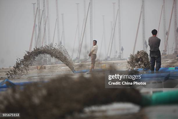 Two workers monitor pipes sprouting sand at a land reclamation site of the Tanggu Coastal Economic Zone on June 6, 2010 in Tanggu of Tianjin...