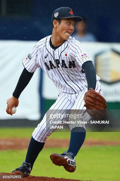 Ikinasuke Fujimori of Japan pitches during the WBSC U-15 World Cup Group B match between Australia and Japan at Estadio Rico Cedeno on August 10,...
