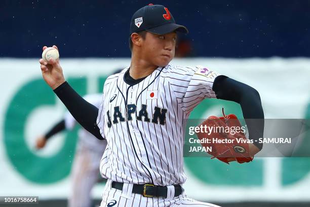 Sohi Kiyota of Japan pitches during the WBSC U-15 World Cup Group B match between Australia and Japan at Estadio Rico Cedeno on August 10, 2018 in...