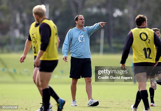 Martin Johnson, the England manager issues instructions during the England rugby training session held at McGillveray Oval on June 7, 2010 in Perth,...