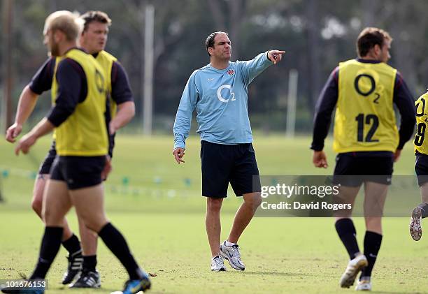 Martin Johnson, the England manager issues instructions during the England rugby training session held at McGillveray Oval on June 7, 2010 in Perth,...