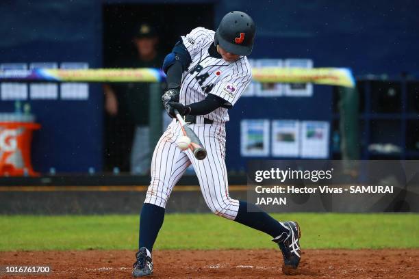 Hiromu Joshita of Japan hits the ball during the WBSC U-15 World Cup Group B match between Australia and Japan at Estadio Rico Cedeno on August 10,...