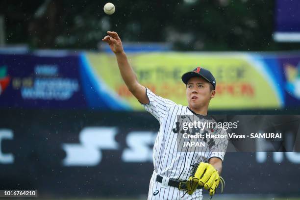 Ryoma Ikeda of Japan throws the ball during the WBSC U-15 World Cup Group B match between Australia and Japan at Estadio Rico Cedeno on August 10,...