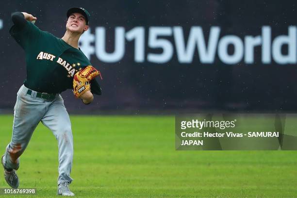 Solomon Maguire of Australia throws a ball during the WBSC U-15 World Cup Group B match between Australia and Japan at Estadio Rico Cedeno on August...