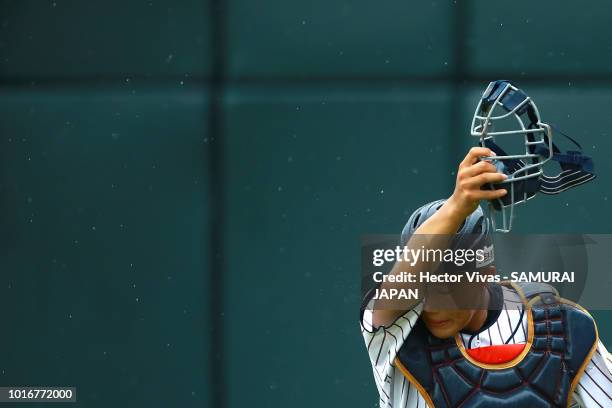 Reiya Saka of Japan gestures during the WBSC U-15 World Cup Group B match between Australia and Japan at Estadio Rico Cedeno on August 10, 2018 in...