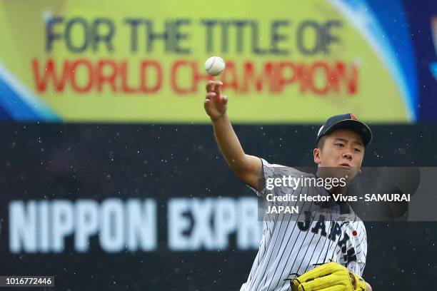 Ryoma Ikeda of Japan throws the ball during the WBSC U-15 World Cup Group B match between Australia and Japan at Estadio Rico Cedeno on August 10,...