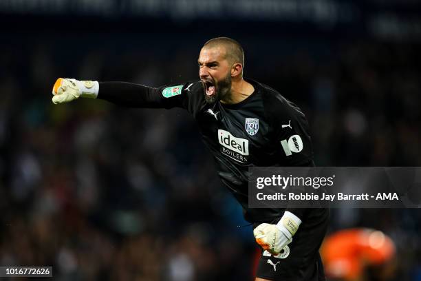 Boaz Myhill of West Bromwich Albion celebrates after the first goal during the Carabao Cup First Round match between West Bromwich Albion and Luton...